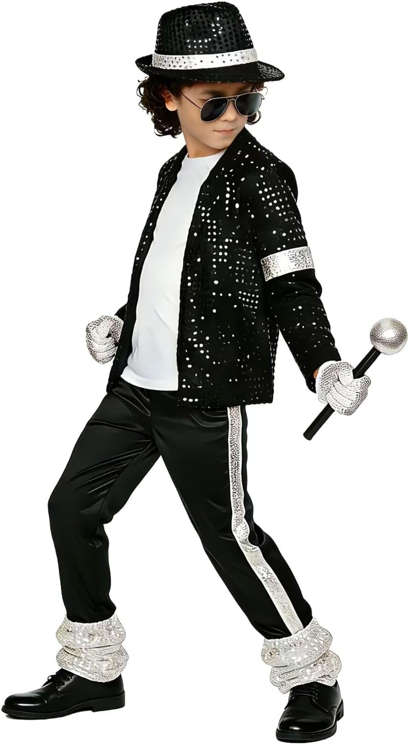8 Pcs Boys Halloween Costume Set with Accessories, 80s 90s Retro Dance Disco Outfit for Kids Stage Cosplay