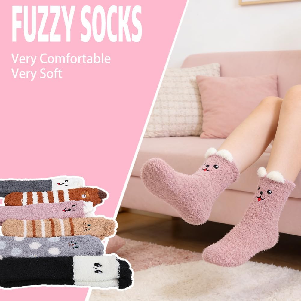 6 Pairs Womens Fuzzy Socks Winter Warm Soft Cozy Fluffy Microfiber Slipper Socks for Home Sleeping Cute Animal Socks - Image 3