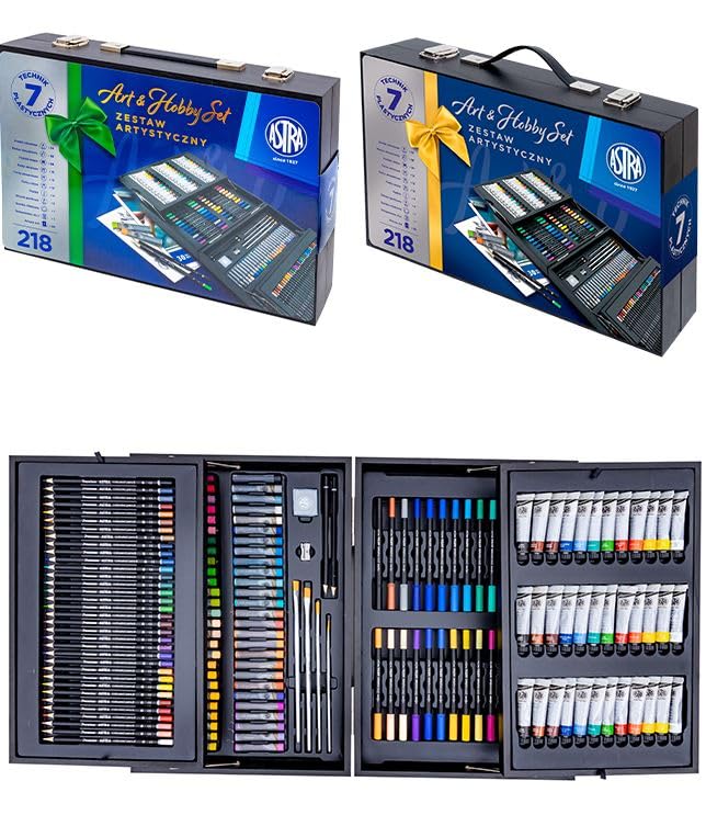 ASTRA Maleta de Arte y Hobby de madera, 218 piezas, caja de madera multicolor, 44,4 x 30 x 9,6 cm