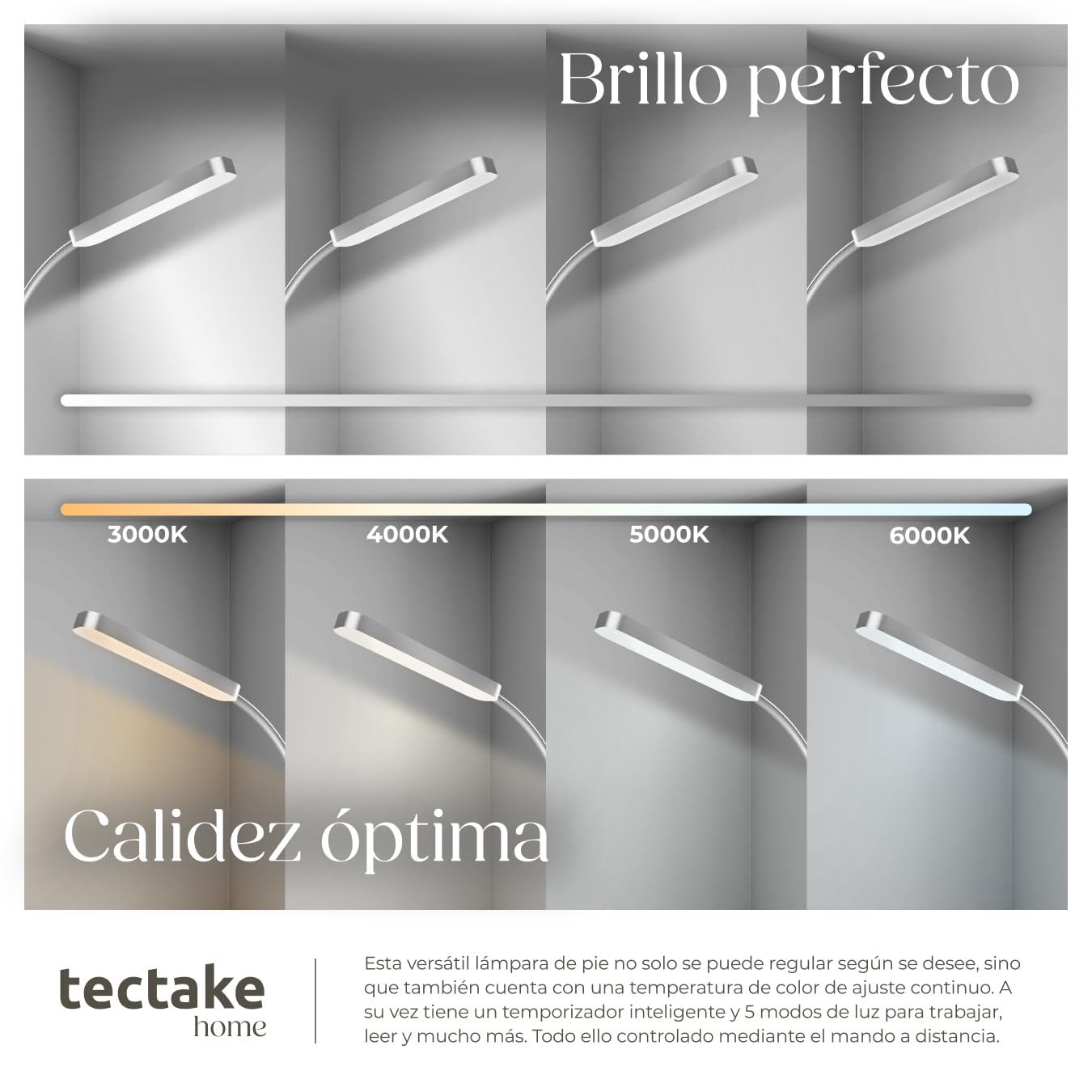 tectake® Lampara de Pie, Regulable, Cuello de Cisne Flexible, 5 Modos de Iluminación, Lampara Lectura, Temperatura de Color Variable, Mando, Lampara Led Ideal para Dormitorio y Salón - Plateado