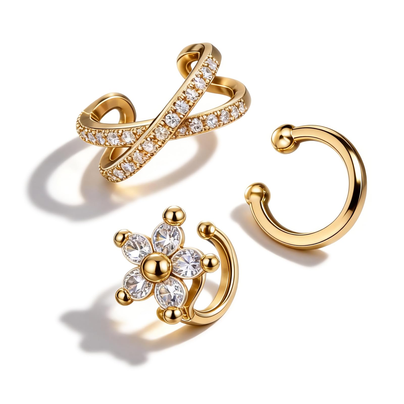 3-Piece Set Ear Cuffs for Women Non Piercing, Alloy Cubic Zirconia Clip On Earrings, Lightweight Cartilage Earring Cuffs Non Pierced-image-37