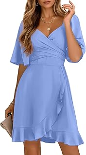 Women's Wrap V Neck Short Flared Sleeve Wedding Guest Dress Smocked Elastic Waist Tiered Belted Ruffle Hem Mini Dress