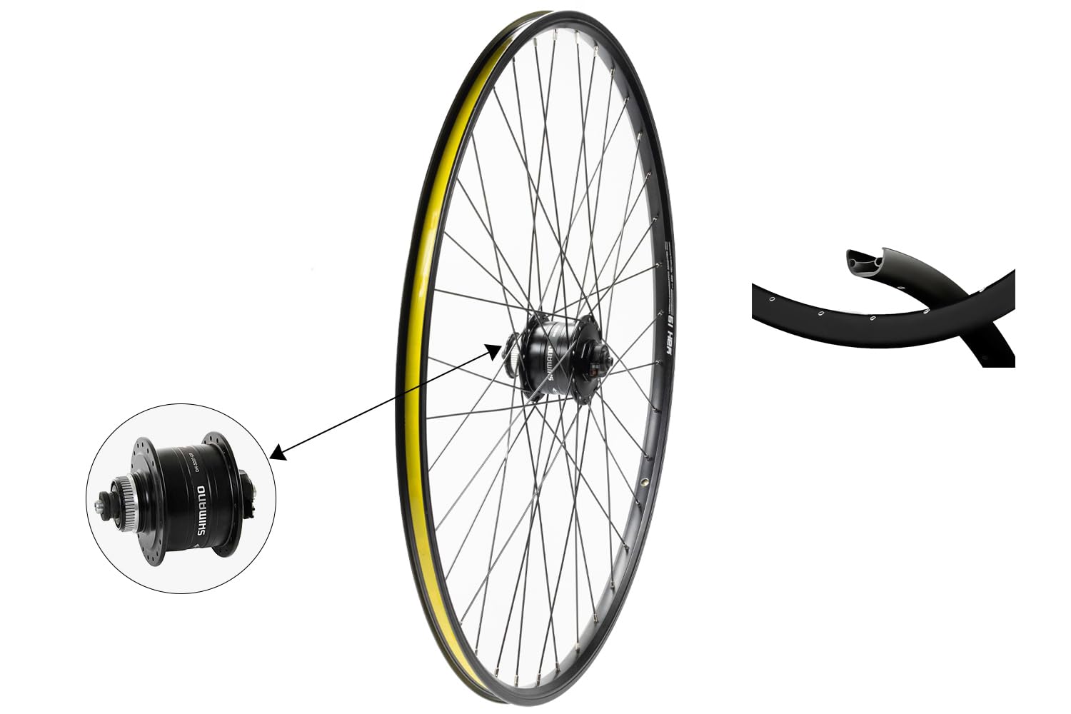 28 Zoll Vorderrad Yak 19 Hohlkammerfelge Schwarz – Nabendynamo DH-3D37-QR – Center Lock Scheibenbremse – 36 Loch – inkl. Felgenband & Speichen