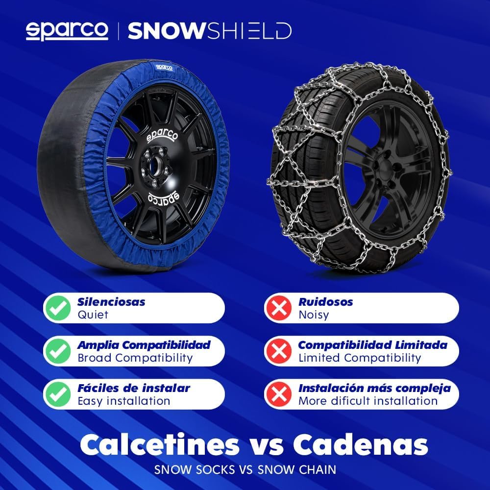 Sparco SnowShield | Juego de 2 cadenas de nieve para coche | Cadenas para nieve fáciles de montar | Silenciosas, duraderas, homologadas y reutilizables (Talla XL)