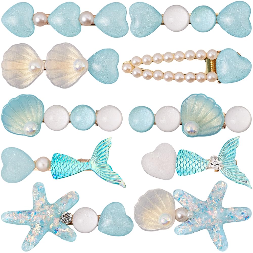2 Stil 10 Stück Haarspangen Set Mit Blauen Perlen Meerjungfrau Muschel Sommer Strand Pastell Ozean Kunstharz Muschel Seestern Alligator Dekorative Haarspangen In Großpackung Für Frauen Kopfb