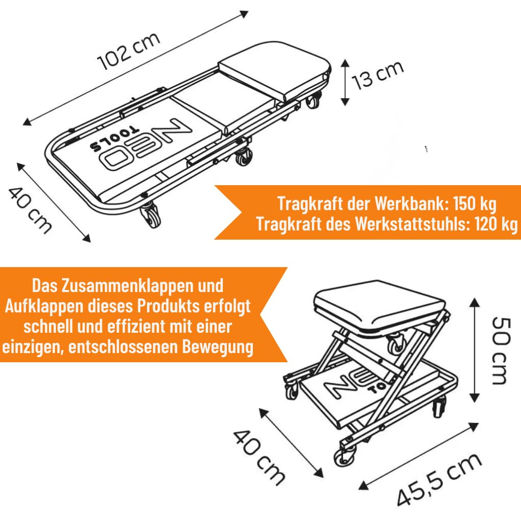 NEO TOOLS 2w1 leżanka warsztatowa na kółkach do samochodów warsztatowych, taboret montażowy, leżanka montażowa do 150 kg, wózek warsztatowy na kółkach | siedzisko obrotowe | funkcja siedzenia i