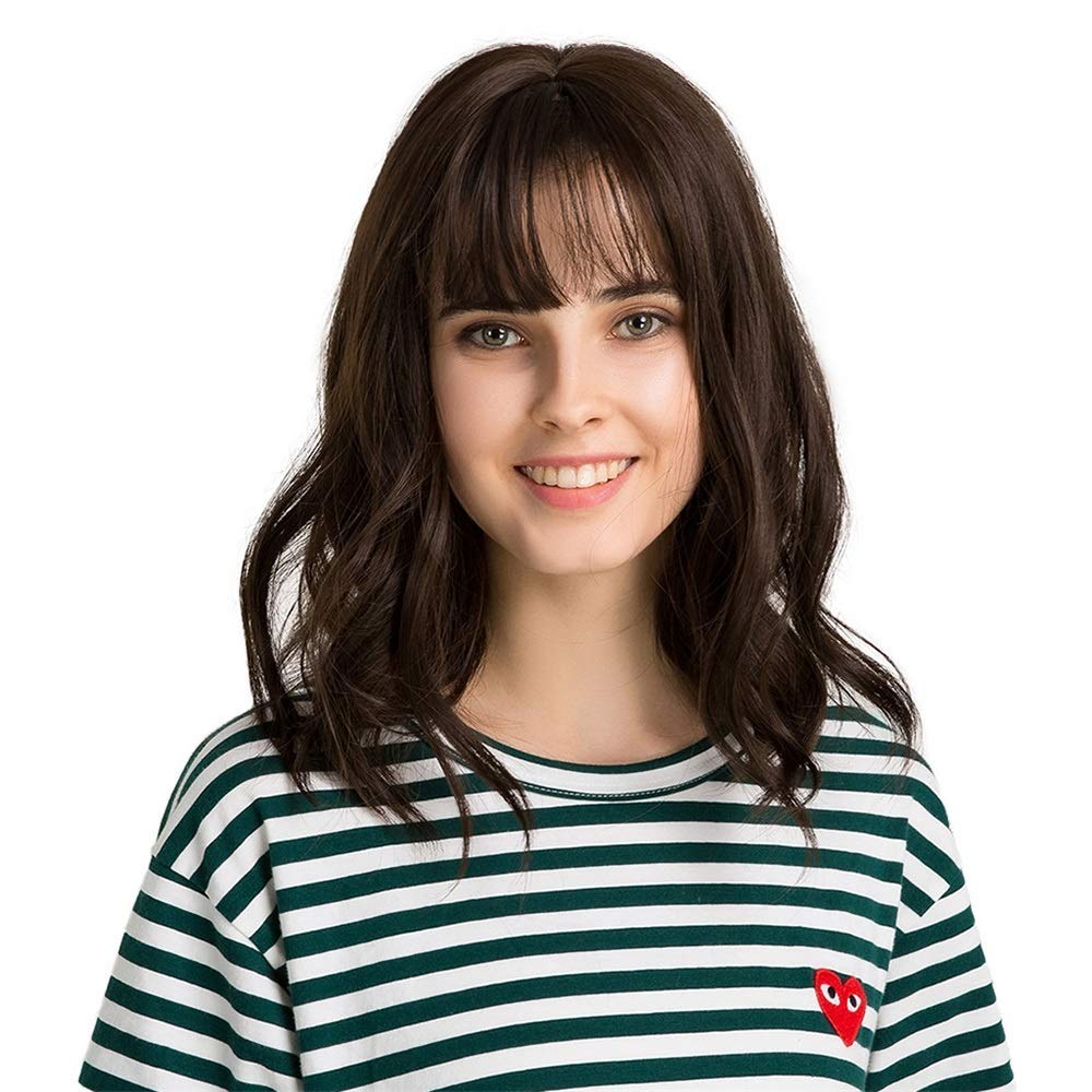 Perruque de cheveux bouclés ondulés brun naturel avec frange 14cm pour femme et jeune fille
