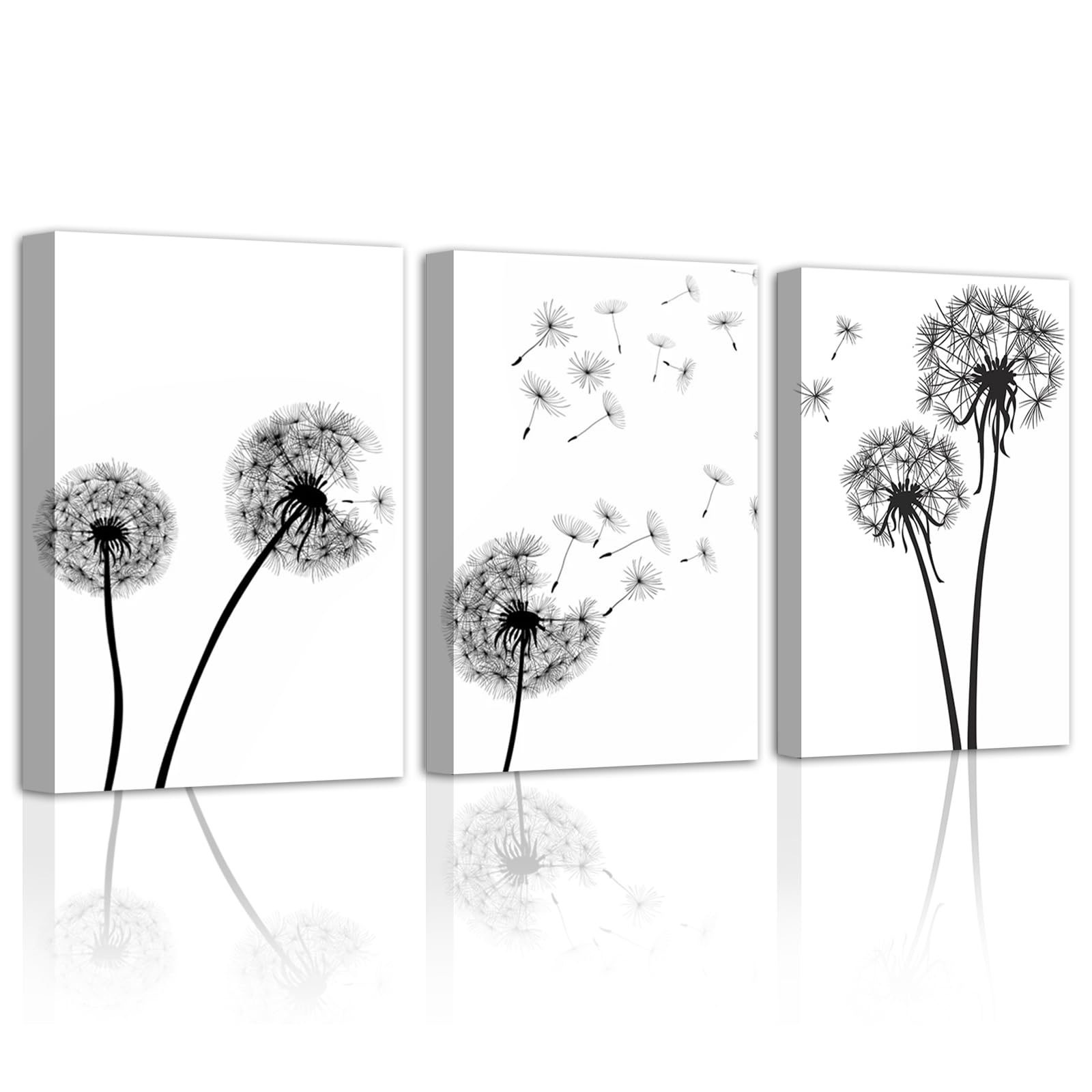 Welmeco Leinwandbild-Set – 3-teilig, Abstrakter Löwenzahn Mit Libelle, Holzstruktur-Look