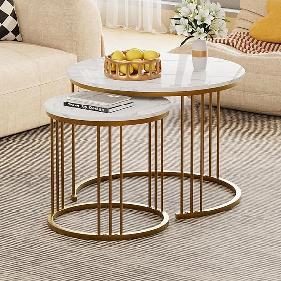 Image of Modern Nesting Table Set of 2 - Round Coffee Table with Engineered Wood Top & Metal Frame, Side Tables for Living Room, Bedroom & Lounge (Gold & White)