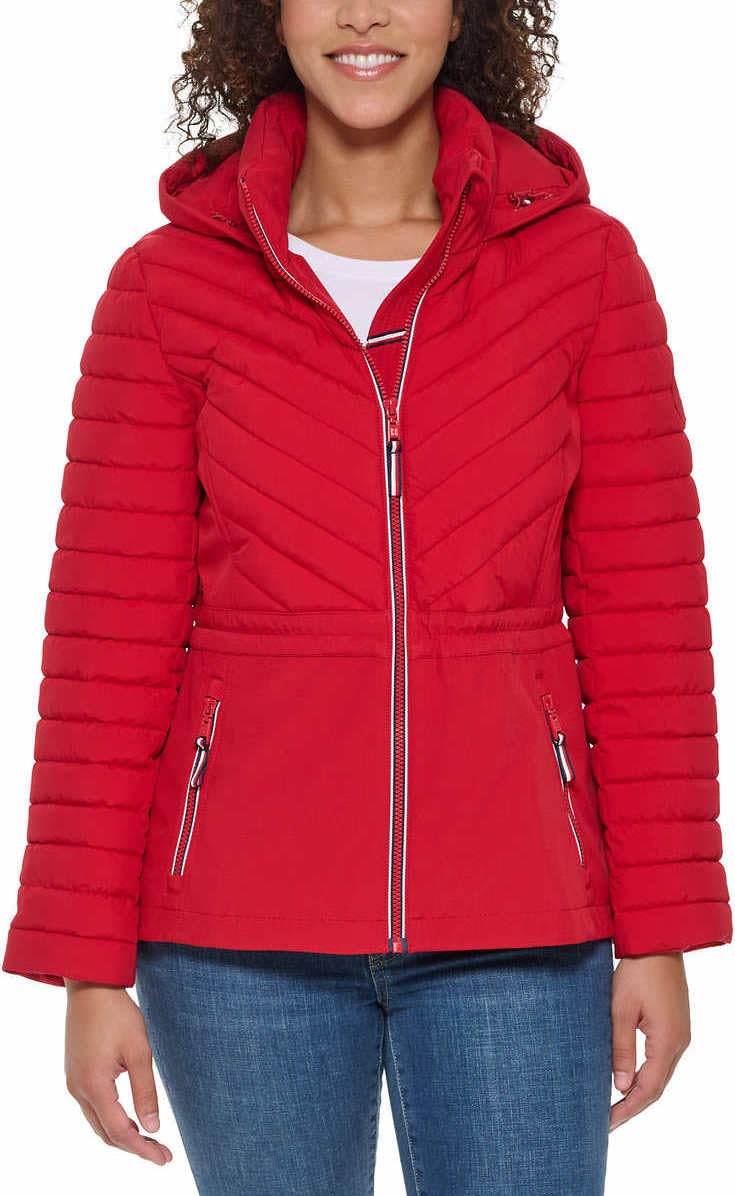 Tommy Hilfiger Women's Puffer Lightweight Hooded Stretch Jacket with Drawstring (Red, XXL)