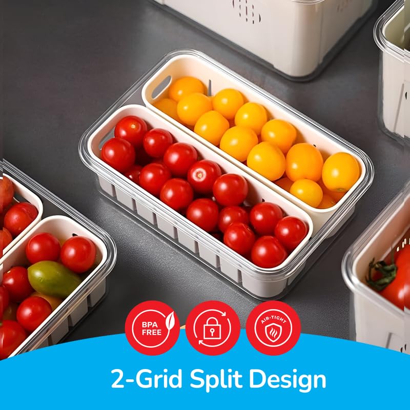 PRIME PICK Fresh Store Fridge Storage Container Airtight Food Drain Box with Removable Drain Plate Vegetable Fruit Crisper Divider Freezer Storage Organizer White 3