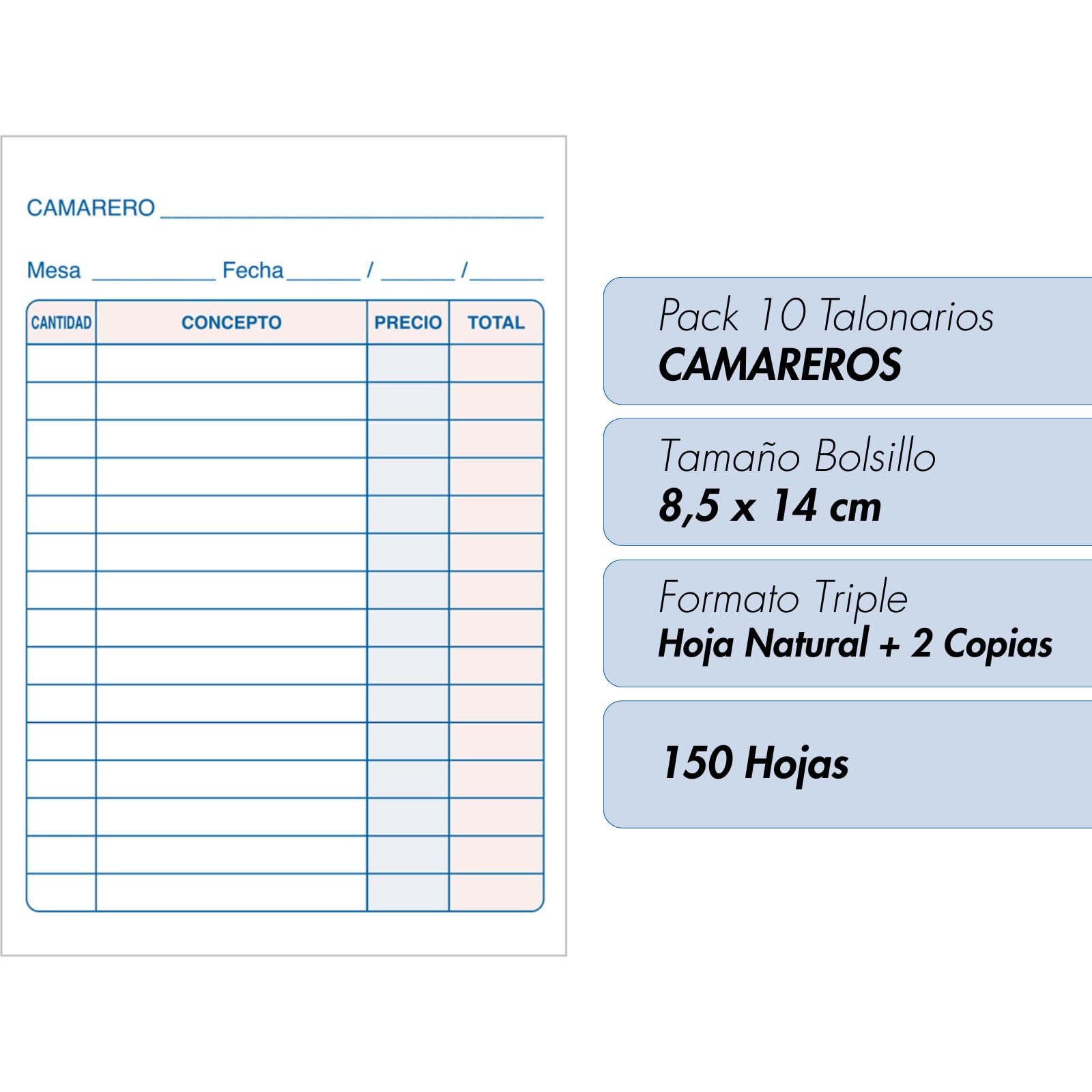 Dohe - Talonarios Camareros (10 uds.) - 50 Hojas Triplicadas (50 Hojas con 2 Copias), Tamaño Bolsillo 8,5x14 cm, Blocs Comanderos Hostelería, Restaurantes, Bares, Material de Oficina