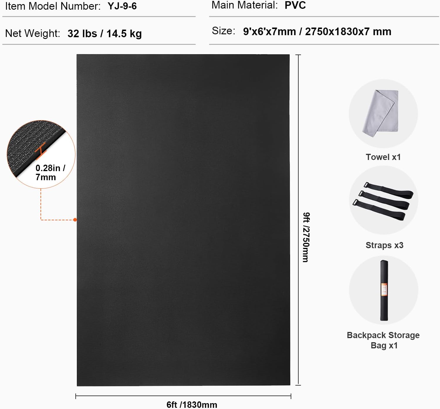 VEVOR Large Exercise Mat, 12'x6'/10'x6'/9'x6'/8'x6'/8'x5'/7'x5'/6'x4' (7mm) Extra Thick, Non Slip High Density Premium Workout Mat, Exercise Yoga Mat for Men & Women, Fitness & Exercise Mat with Bag & Carry Strap, for All Types of Home Yoga, Pilate & Floor Workout
