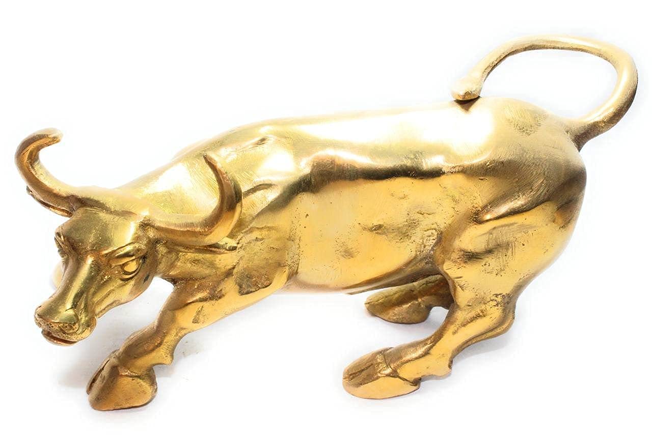 Brass Bull Gold/Brass Charging Bull Beautiful Brass Action Charging Bull- Wall Street Charging Bull/Bull -Showpiece | Home And Office Decor | Brass Sculpture By Duke Art Emporium, 9 Centimeters