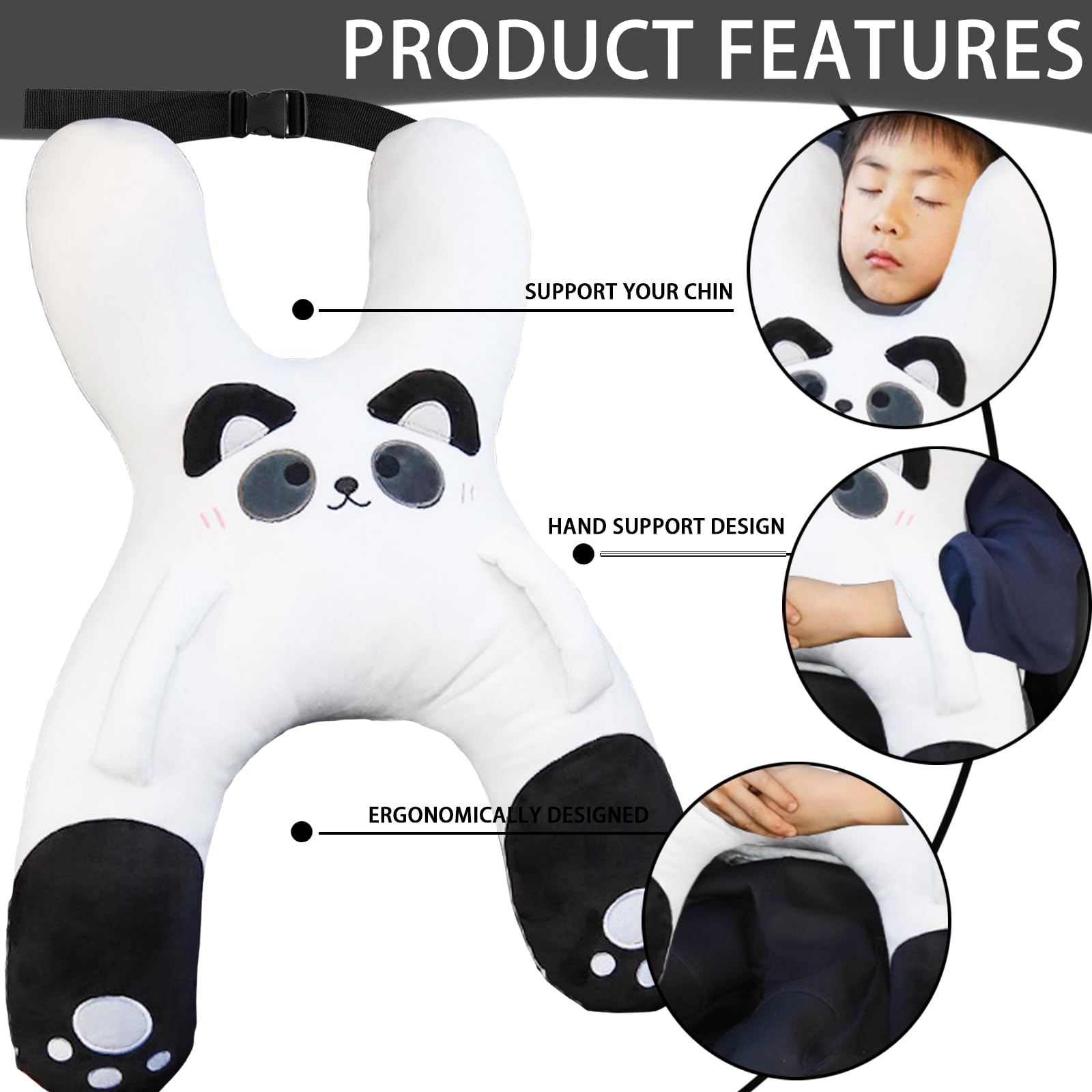 Almohada para dormir en forma de H, para coche, para niños, para dormir, adecuada para viajes, coche, avión, tren, autoconductor, viaje (blanco y negro)