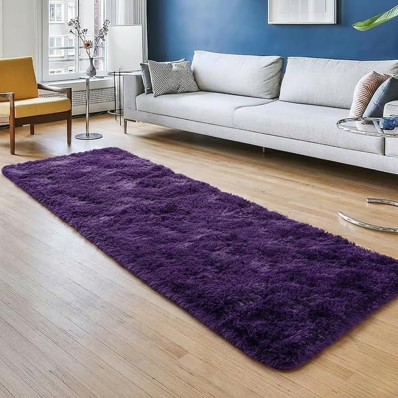 Image of Handwoven Shaggy Carpet Plain Fur Rugs for Home, Office, Floor Carpet 2x5 Feet Deep Purple
