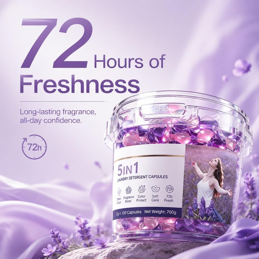 Cápsulas de lavandería 5 en 1 de lavanda, 100 unidades, aroma 72 h