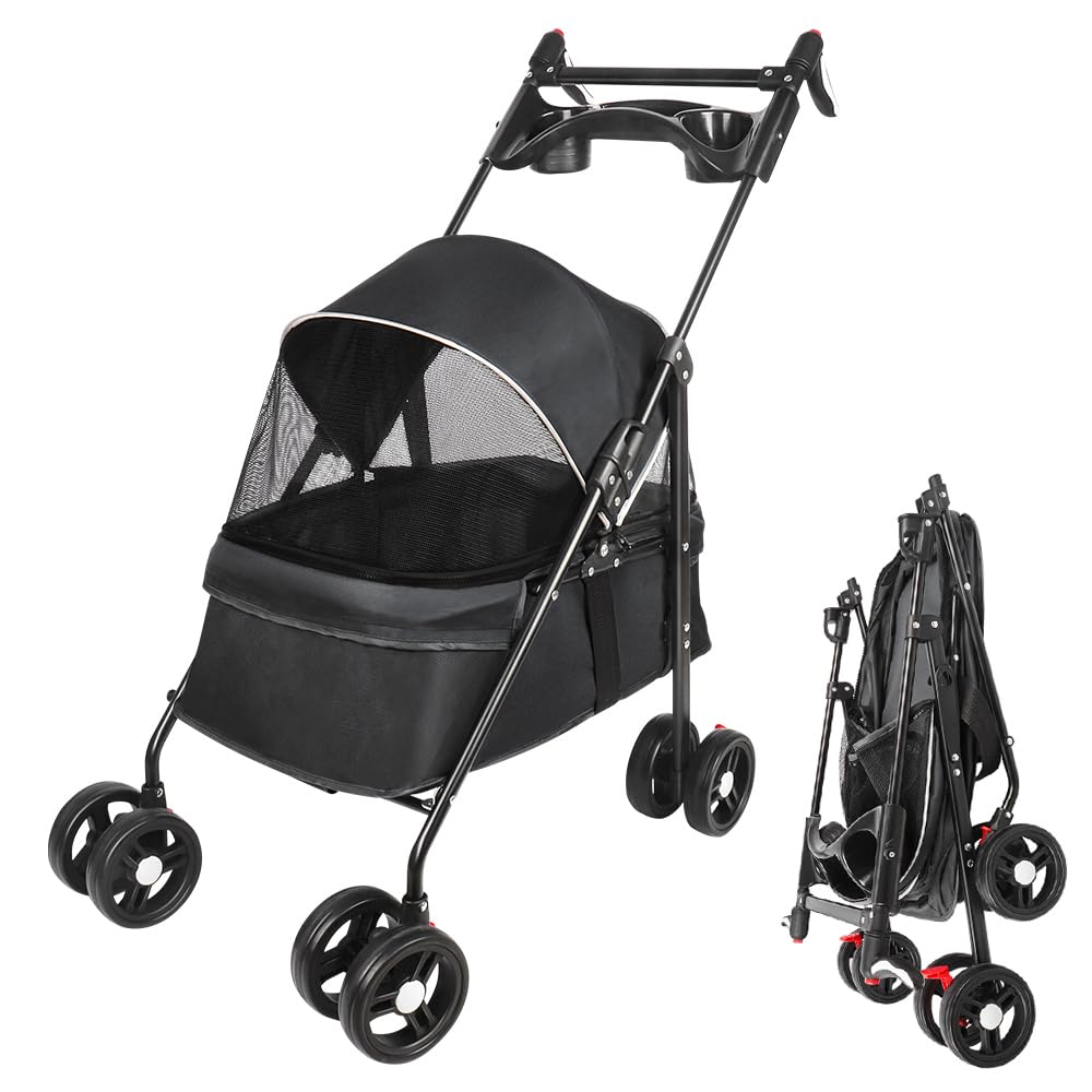 Animaux Voyage Poussette pour Chien 25 Kg avec Sac de Rangement, Housse de Pluie et Porte-gobelet - Pet Stroller Buggy 50*70*95cm Noir