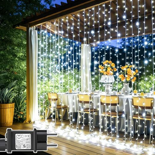 Joycome Tenda Luminosa Natale 300 LED 3x3m Luci Natale con Spina, Timer, 8 Modalità Addobbi Natalizi per La Casa Impermeabile Cascata Luci per Finestra Balcone Festa Interno Esterno Decor (Bianco)