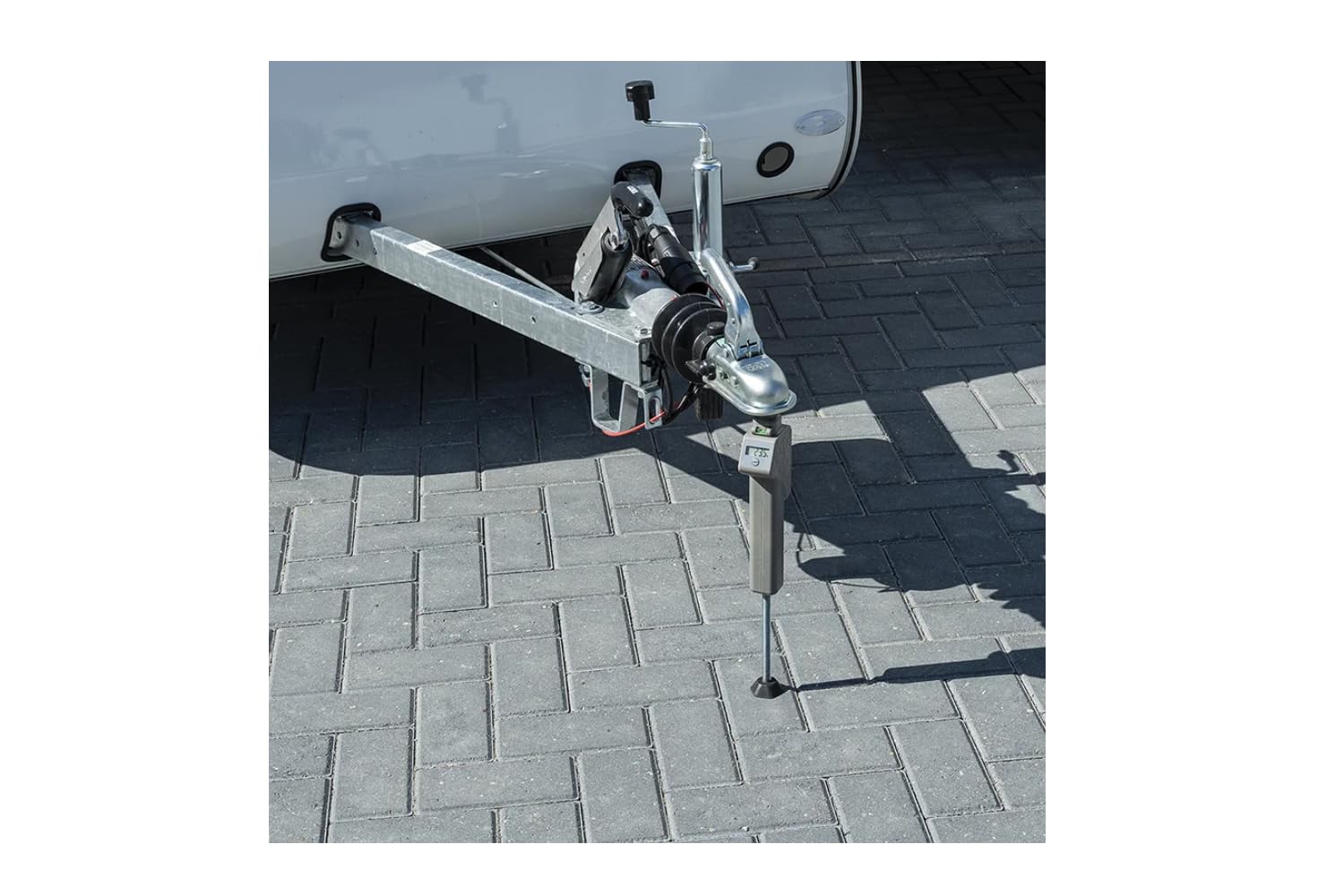 ProPlus Báscula Digital de Carga Vertical para Caravana hasta 150 kg, Medidor de Presión de Enganche con Pantalla LCD y Nivel de Burbuja para Remolques, Altura 325-466 mm