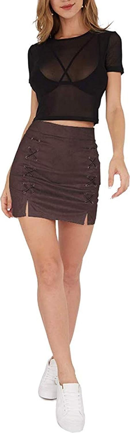 katiewens Women's Classic High Waist Lace Up Bodycon Faux Suede A Line Mini Pencil Skirt - Image 6