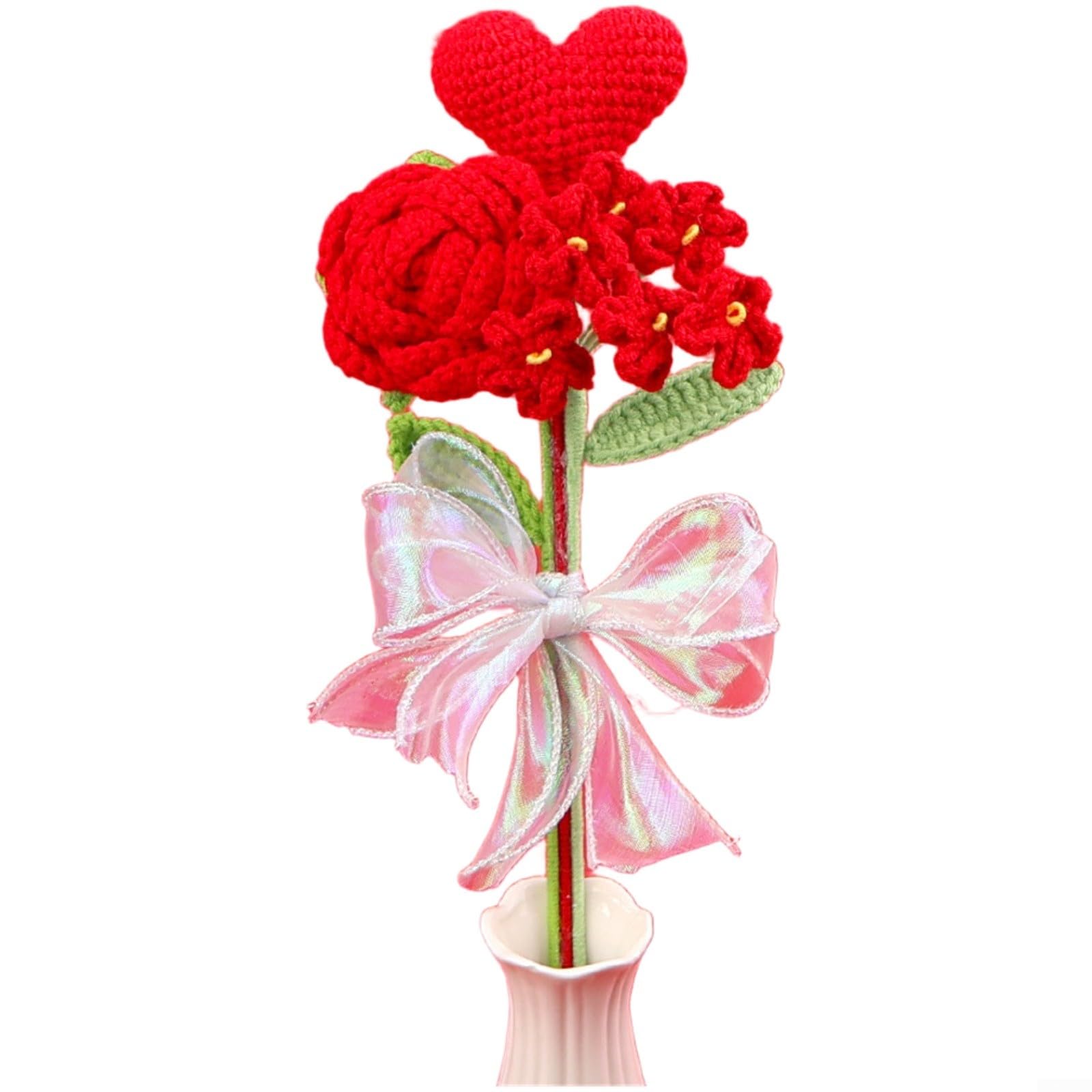 ASMJHQCLW Hand Woven Artificial Flowers, Handmade Crochet Rose Bouquet, Yarn Flowers for Wedding Party Office Home Decor,Multicolor(Red)