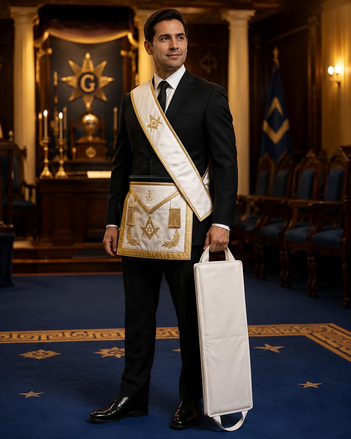 Sash Bag Case White– Freemason Double Sashes Carrying Bag with Zipper & separate OES badge - Improved Version Cordura Fabric Case Keeps Regalia Protected & Wrinkle-Free