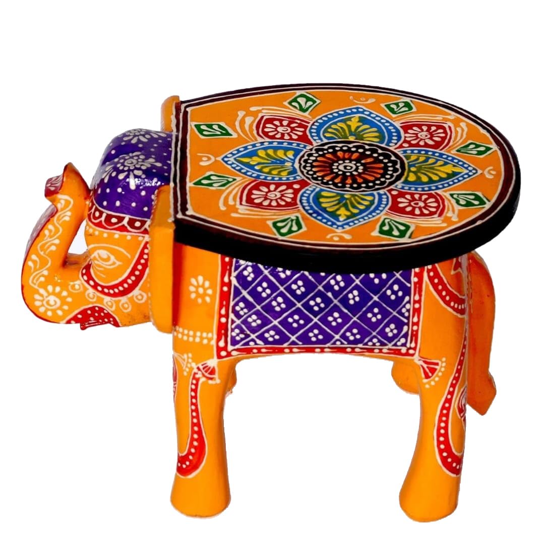 Handcrafted Wooden Elephant Stool 8 Inch Yellow Hand Painted Decorative Chowki Traditional Indian Handicraft Multipurpose Small Side Table Plant Stand Foot Stool Home Decor-image-45