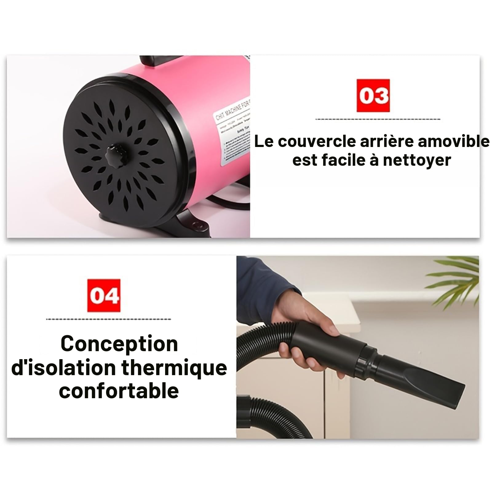 Pulseur Chien Professionnel 2800W Souffleur Chien Pulseur pour Chien Poils Longs Seche Cheveux Chien Sèche-Cheveux pour Animaux Vitesse Continue et température réglable avec 4 Buses (Rose)
