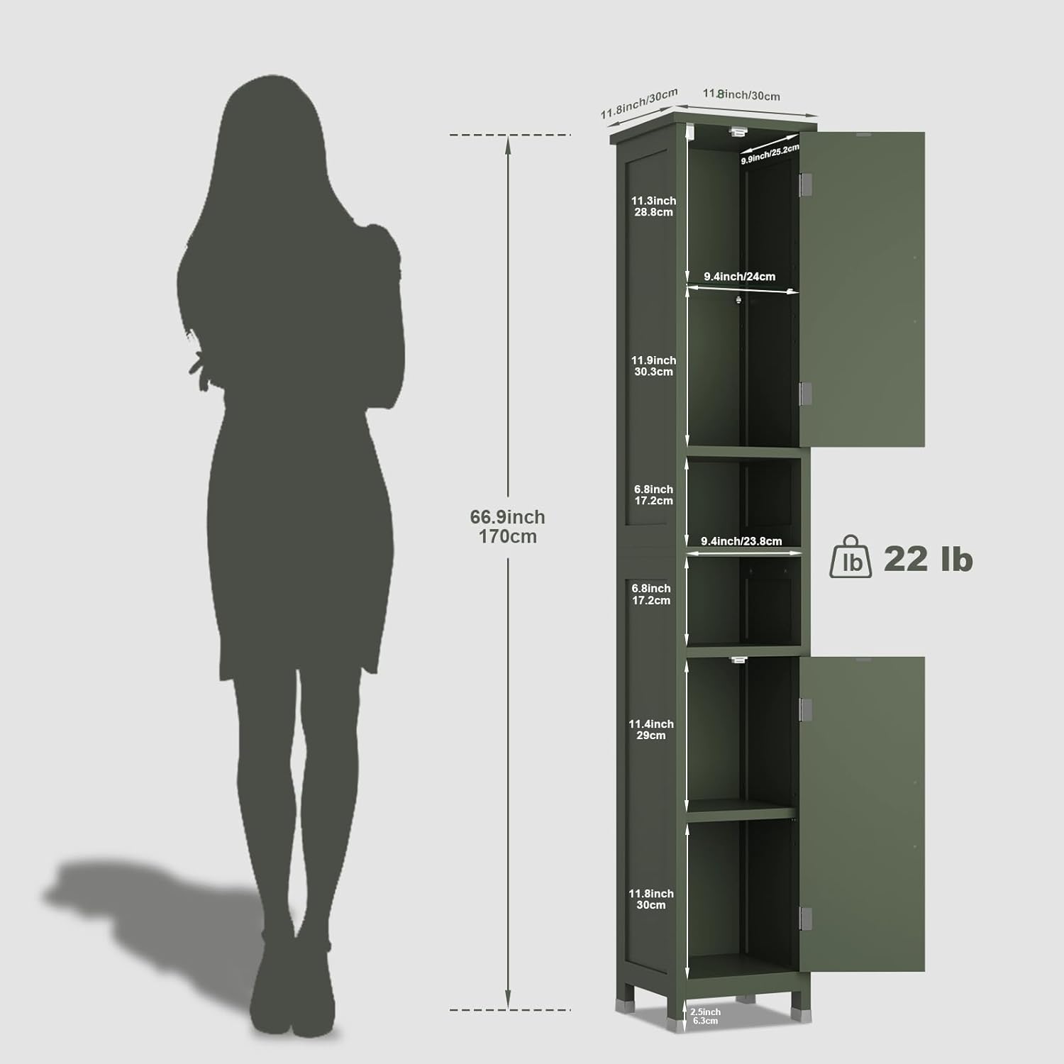 67" Tall Bathroom Storage Cabinet with Lights, Slim Narrow Bathroom Cabinet Organizer with Doors and Adjustable Shelves, Tall Cabinet for Small Space (66.9" Tall-Green with Light)
