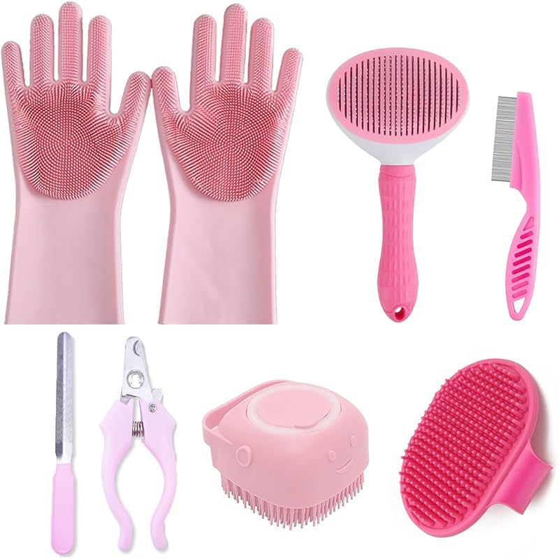 Kit de Higiene e Tosa para Cães e Gatos KEEPLKVOC com Luvas, Escovas, Pente, Cortador e Lima de Unhas, 8 Peças