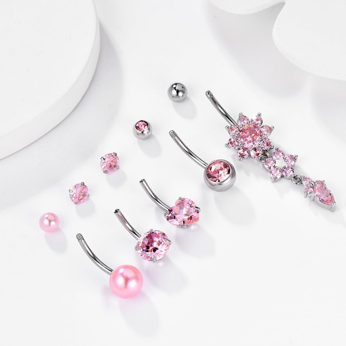 Belly Button Rings Dangle Surgical Stainless Steel Belly Rings Cute Pink CZ Navel Rings for Women