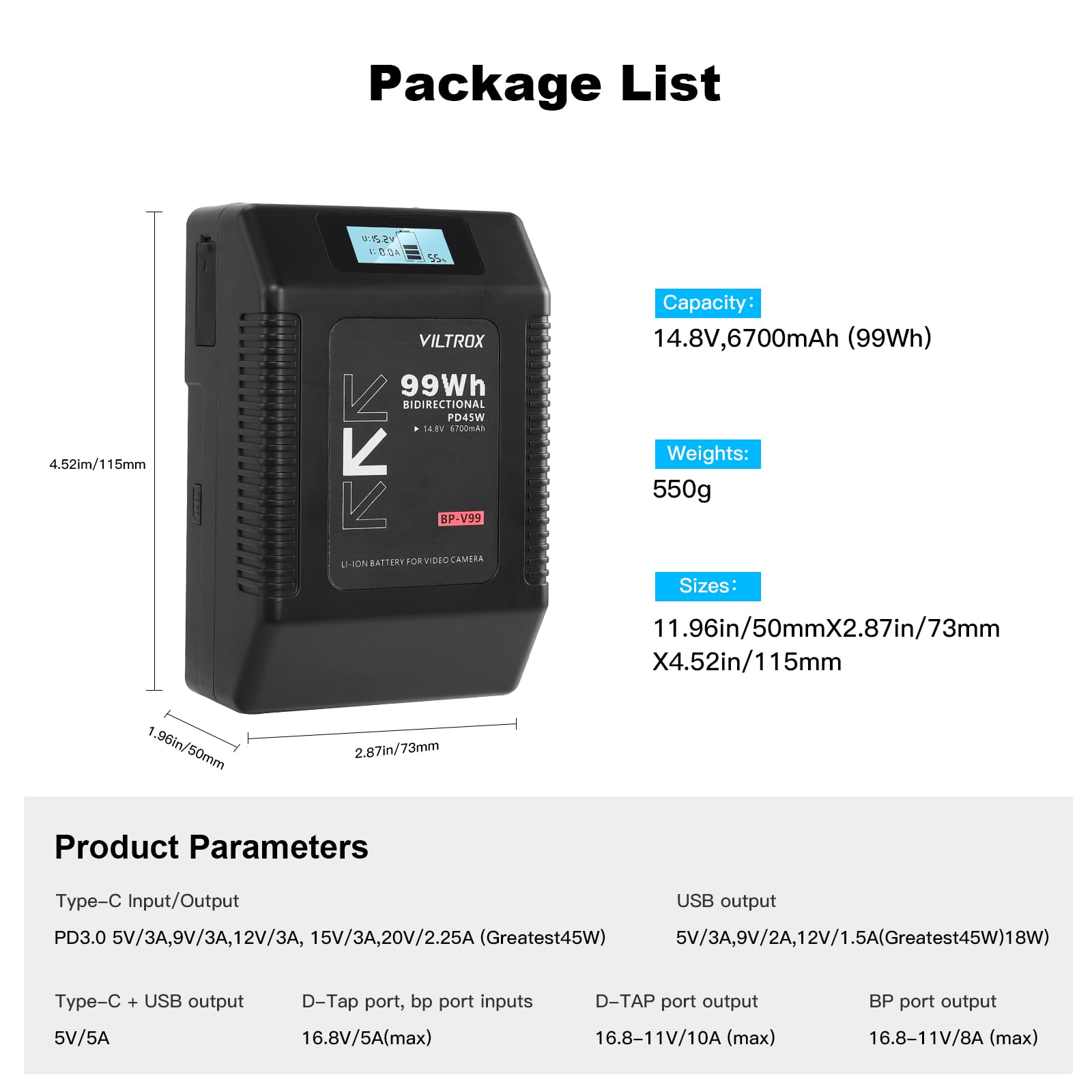 VILTROX BP-V99 V Mount Akku Mini Battery V Lock Black 6700mAh mit LCD-Anzeige,Dual D-Tap&USB Output 99Wh/14.8V,Schwarz Mini V Lock Akku in Camcordern,Kamera