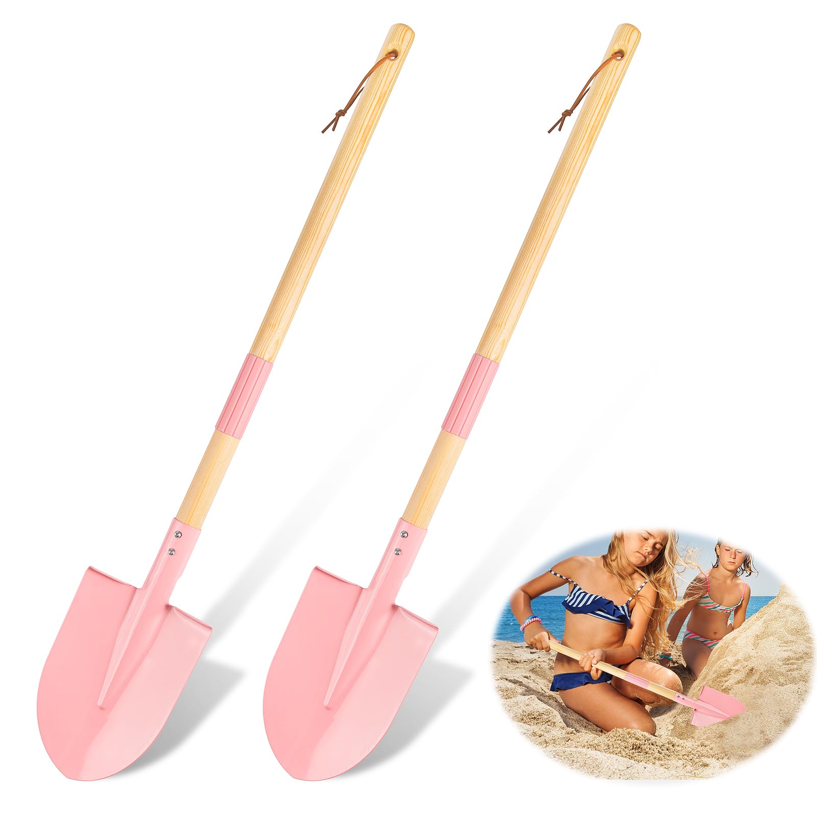 Pelle en métal rose et manche bois amovible kit de plage durable