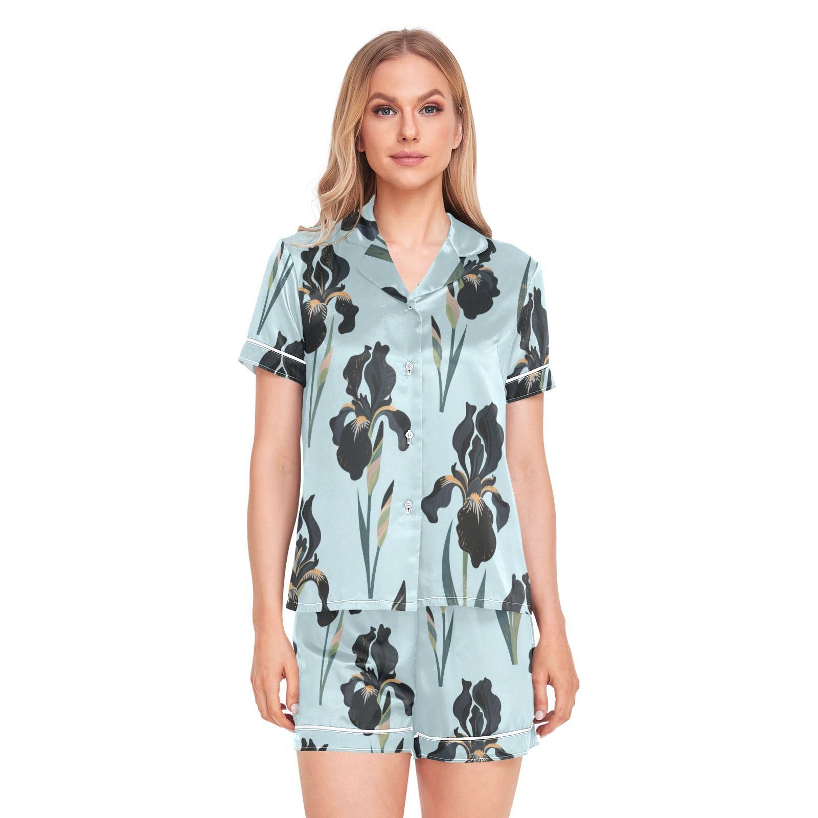 Pijama de satén premium con diseño de flores turquesas ropa de dormir clásica 8