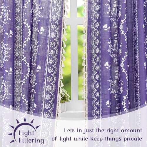 Image of Yinhua Boho Curtains for Living Room 84 Inch Length Vintage Linen Curtains for Bedroom Light Filtering Window Curtain Rod Pocket & Back Tabs Rustic Tassel Drapes with Tiebacks, Purple