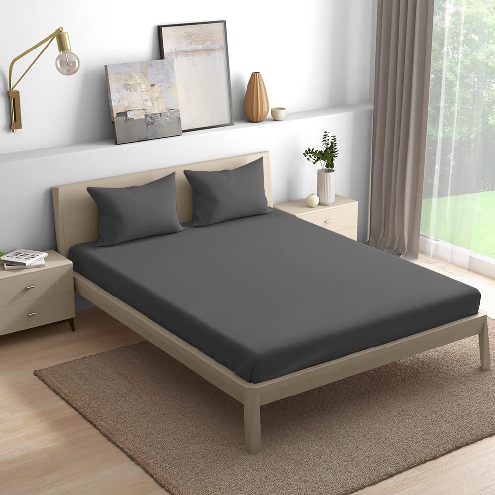 Wakefit Cotton Fitted Bedsheet | 300 TC Elastic Fitted Sheet, Queen Bed Bedsheet with 2 Pillow Covers | Grey Night - 78x60 inches