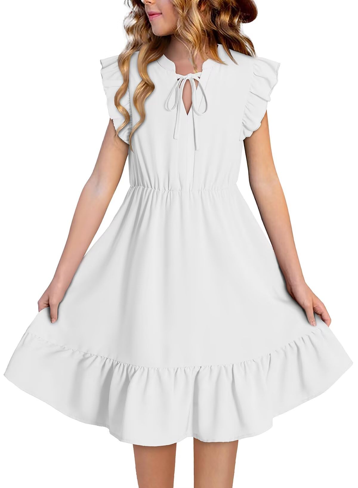 DOKOTOO KIDS Girls Dresses Ruffle Trim Sleeveless V Neck Casual A-Line Flowy Dress with Pockets