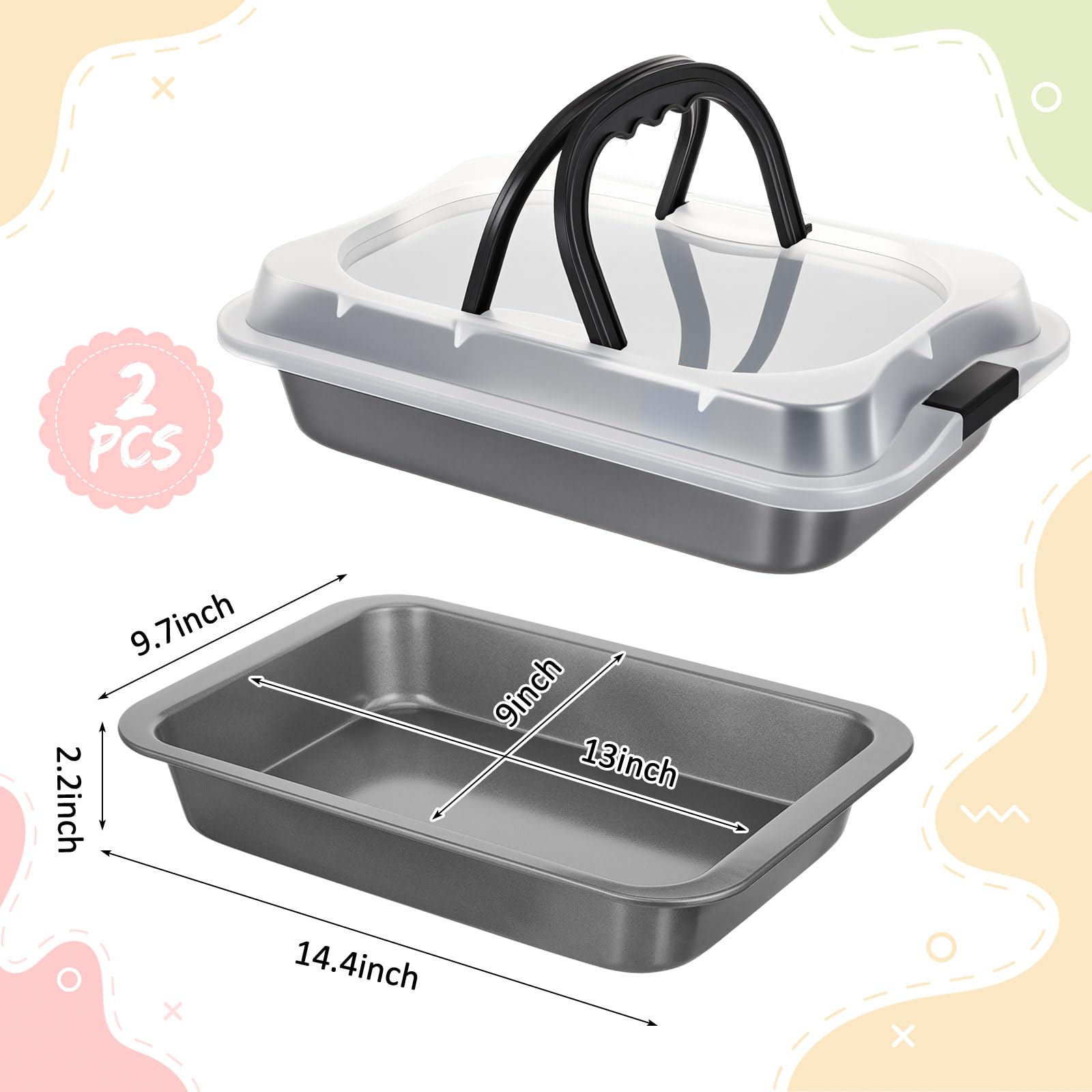 Qinyoung Kuchenbackform mit Deckel und Griff, 22,9 x 33 cm, antihaftbeschichtet, rechteckig, für Brownie, Braten, Kochen, Backen, 2 Stück, Schwarz / Grau