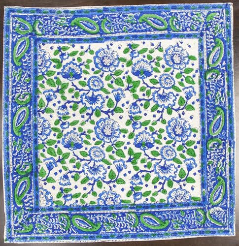 Handmade 100% Cotton Floral Block Print Napkin Table Linen Blue Green 19" x 19"