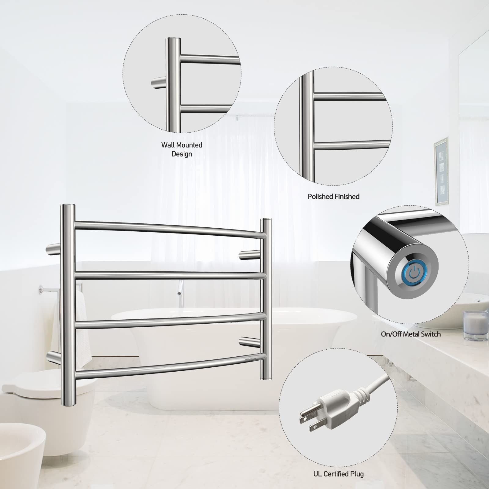 SHARNDY Towel Warmer Polished Chrome for Bathroom Wall Mounted Bath Towel  Heater Plug-in Electric Heated Towel Rack Stainless Steel Curved Round 4  Bars Drying Rack ETW29 40W 16.54x23.62x5.51 inches : Home u0026 Kitchen -  Amazon.com
