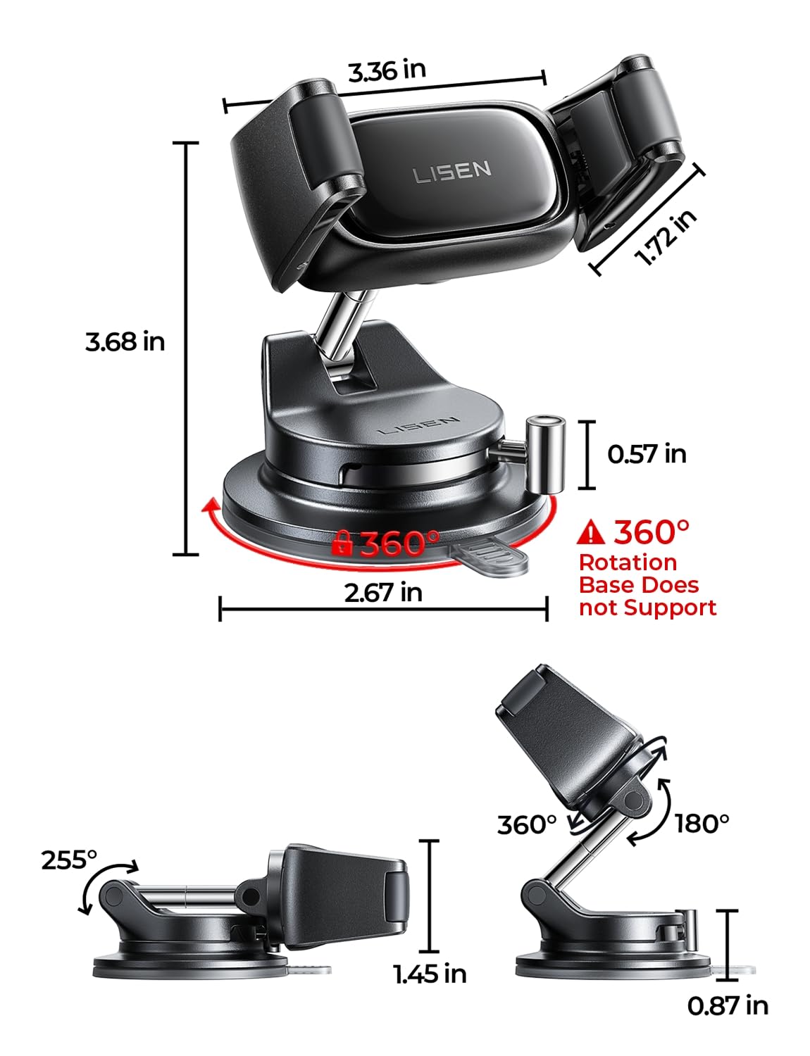LISEN in Car Phone Holder [2026 Industry-First] Suction Phone Holder for Cars Dashboard/Windscreen Mobile Car Phone Mount for iPhone 17 16 Pro Max Samsung S26 All Gadgets Car Accessories for Men Women — view 9
