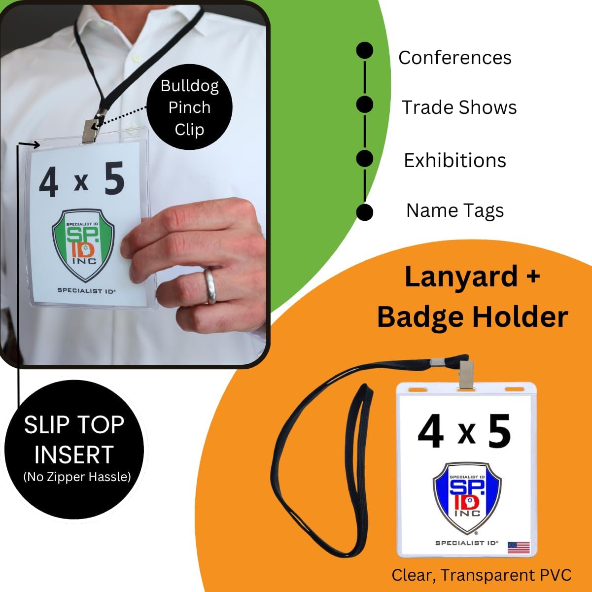Bulk 100 Pack - 4x5 Badge Holder with Lanyards - 4 x 5 Inch Conference ID Badge Holders Vertical Clear Badge Sleeves with Lanyards for Name Tags, Large Badges & Credentials by Specialist ID (Black)