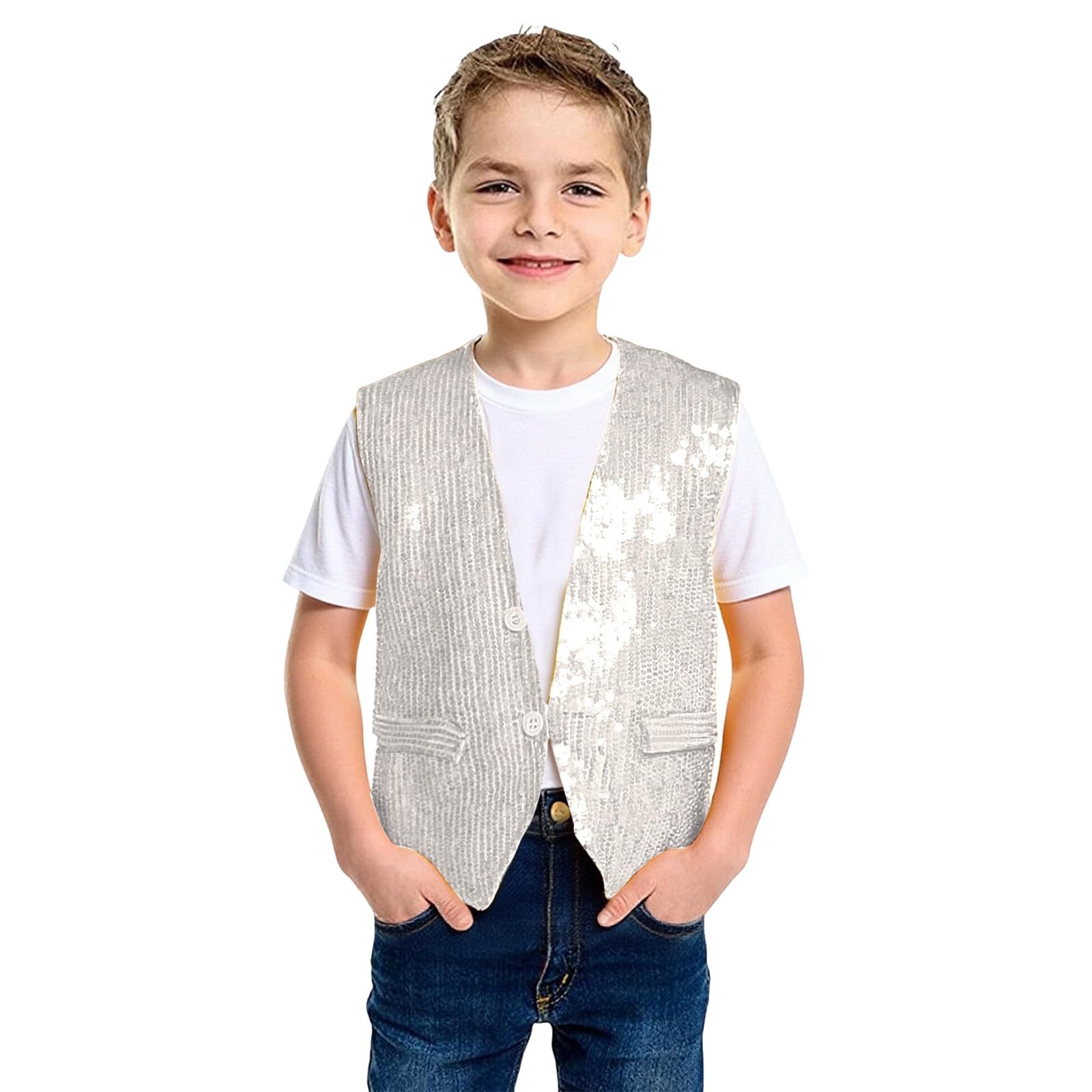 Unisex Sequin Vest Waistcoat Dance Party Show Costume Boys Girls UK Jacket Top Kids Shiny Sequin Dance Vest Jazz Hip Hop Ballet Dance Performance Costume for Party Fancy Dress Up Hip Hop Jazz — image 1