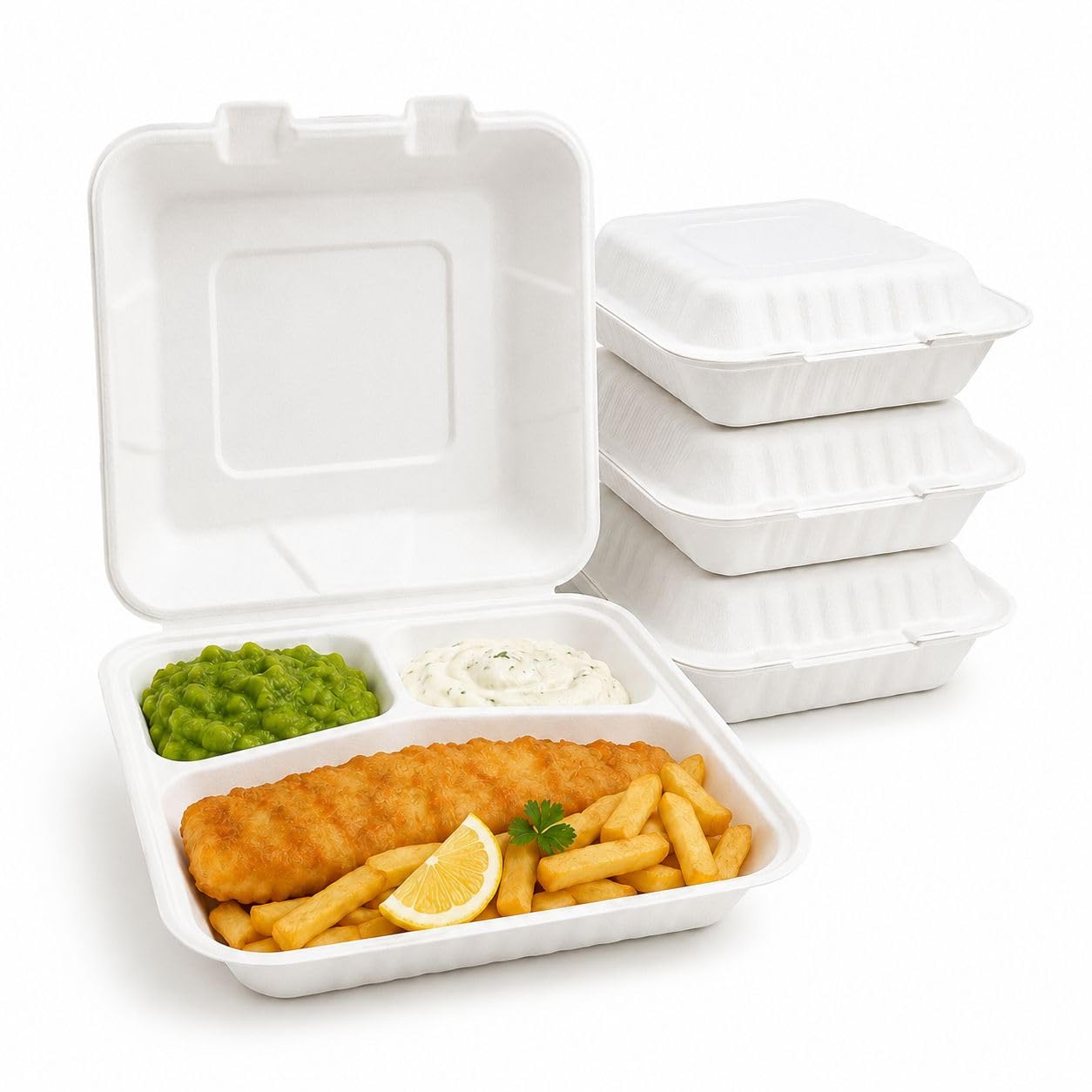 Greenplatter 9 Inch Clamshell Food Containers (Pack of 50) - Eco-Friendly Bagasse Takeaway Boxes, Compostable Disposable Burger Box, Leak-Proof, Microwave & Freezer Safe (3 Compartment (50 Pack))
