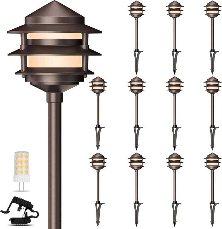 Pagoda Luces de camino de paisaje de bajo voltaje, luces LED de 12 V para exteriores con cable, iluminación de pasarela de aluminio con bombilla G4 reemplazable de 4 W 2700 K, linterna clásica de 3 niveles de bronce, paquete de 12