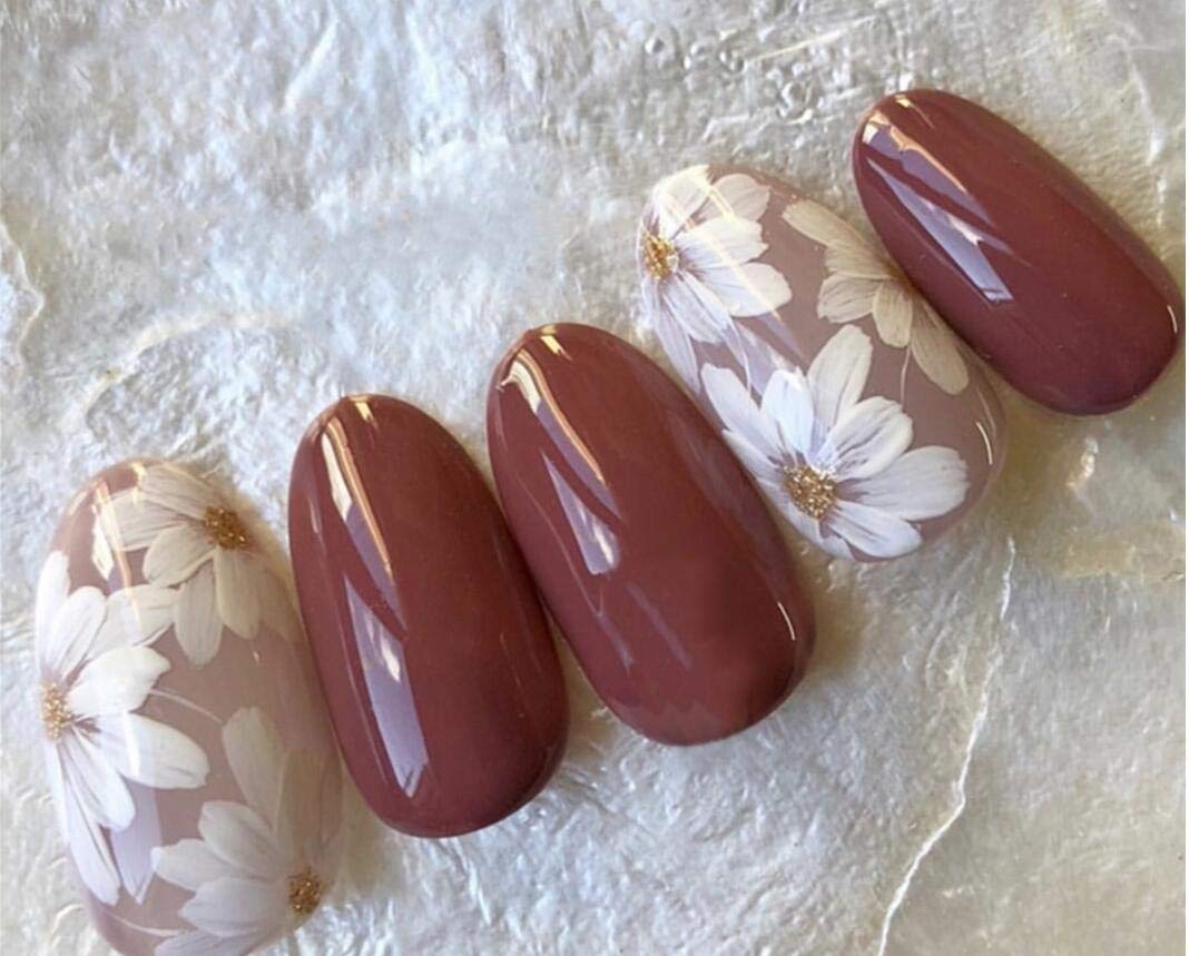 Cathercing 24 Pcs Design False Nails Smooth Medium Beauty Nails With Pattern Short Fake Gel Nails Tips Art Clip on Nail for Women Girls Gift Prom Party Halloween(flower)