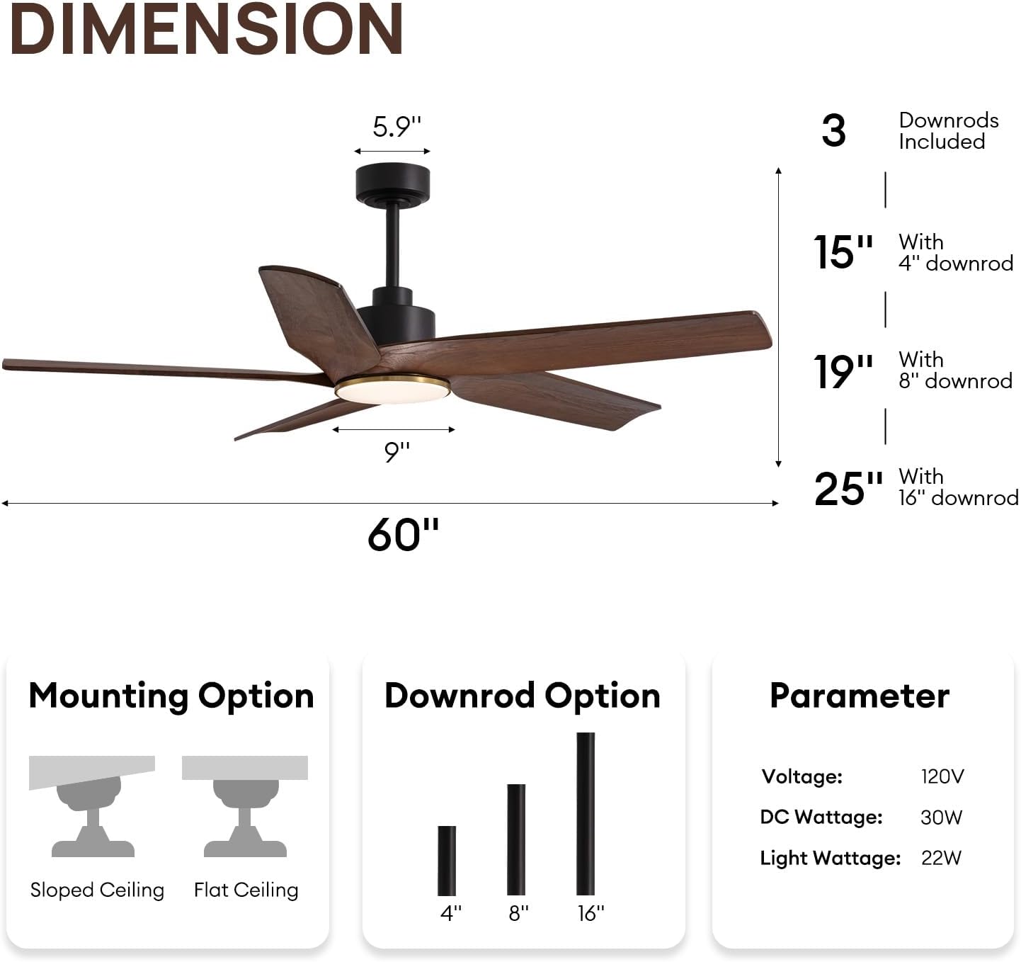 60 Inch Wood Ceiling Fans with Lights, Large Walnut Ceiling Fan, 3CCT, Dimmable LED Light, 6 Speeds, Reversible DC Motor, Timer, Black Ceiling Fan for Living Room, Farmhouse, Patio
