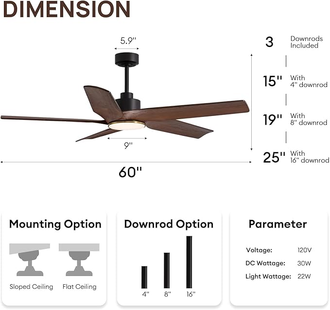 Ventilador de Techo 60 Pulgadas con Luz LED Dimmable, 6 Velo miniatura 3