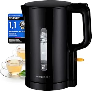 Clatronic® Wasserkocher 1,7L | 2200W für schnelles Erhitzen | BPA frei | Einhandbedienung | Wasserstandsanzeige | Kettle | Überhitzungsschutz | WK 3835 schwarz